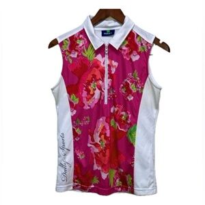 Daily Sports golf polo, sleeveless, 1/4 zip, collared, tropical pink print, L